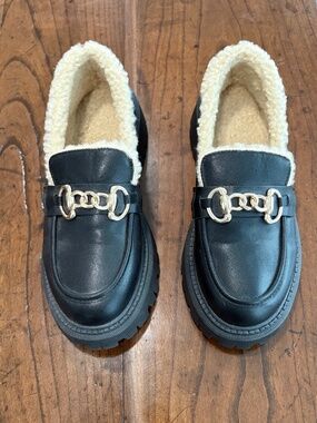 Black Faux Leather Sherpa Lined Chunky Lug Sole Bit Loafers Size 40 (9 US)
